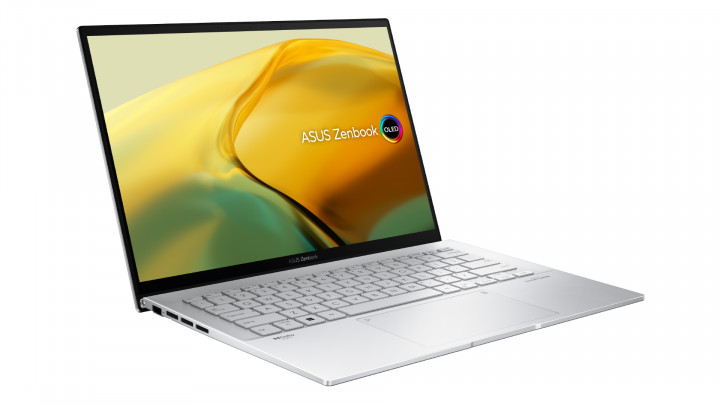 Zenbook 14 OLED Touch UX3402VA Foggy Silver - widok frontu lewej strony