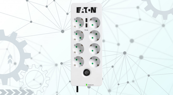 Listwa antyprzepięciowa Eaton 8xSchuko Tel@ 2xUSB 1,5m PB8TUD front