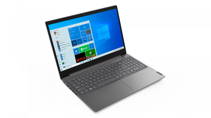 Laptop Lenovo Essential V15 ADA szary widok frontu lewej strony