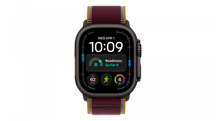 Apple Watch Ultra 4 GPS + Cellular, koperta 49 mm z tytanu w kolorze czarnym, opaska Trail w kolorze burgund