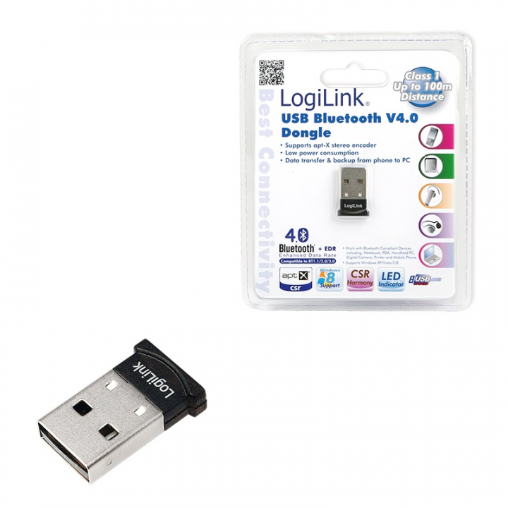 Adapter LogiLink Bluetooth V4.0 USB BT0037 - widok adaptera i opakowania