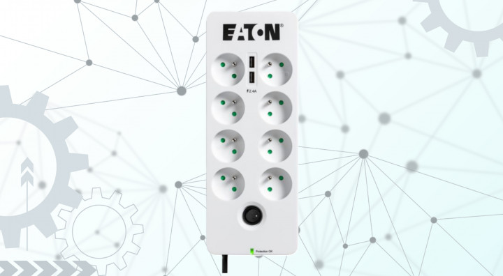 Listwa antyprzepięciowa Eaton 8xFR Tel@ 2xUSB 1,5m PB8TUF front