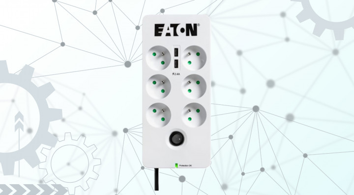 Listwa antyprzepięciowa Eaton 6xFR Tel@ 2xUSB 1,5m PB6TUF front