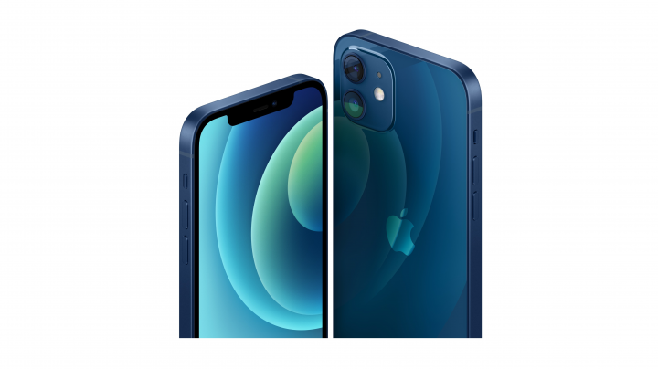 Smartfon Apple iPhone 12 mini niebieski - widok frontu i tyłu