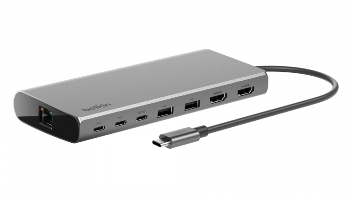 Hub Belkin 8 w 1 USB-C Hub with Dual USB-C Ports - srebrny kabel