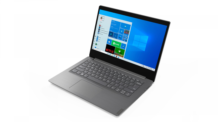 Laptop Lenovo Essential V14 IIL szary W10H widok frontu prawej strony